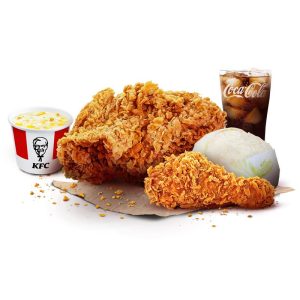 Paket SB New 2 yang terdiri dari 2 Ayam Goreng, 1 Nasi, 1 Coke dan 1 side dish (Perkedel, KFC Soup atau Cream Soup)