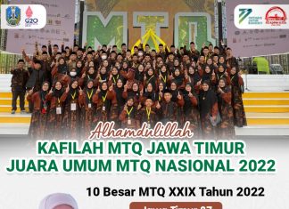 Akhiri Penantian Selama 37 Tahun, Jatim Sukses Boyong Gelar Juara Umum MTQ Nasional ke-29. Gubernur Khofifah : Alhamdulillah Jadi Kado Terindah HUT ke-77 Jatim Gubernur Jawa Timur