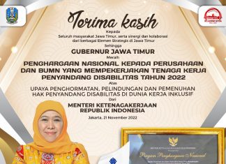 Wujudkan Dunia Kerja Jatim yang Inklusif dengan Memberi Ruang Bagi Penyandang Disabilitas, Gubernur Khofifah Terima Penghargaan dari Kemenaker RI Gubernur Jawa Timur