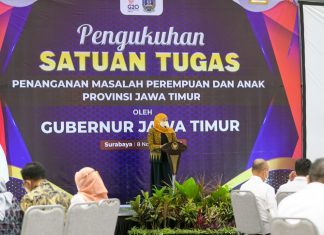 Kukuhkan Satgas PMPA Jatim, Gubernur Khofifah Harapkan Penanganan Masalah Perempuan dan Anak di Jatim Dilakukan Cepat, Gratis dan Tak Pakai Antri Gubernur jawa Timur